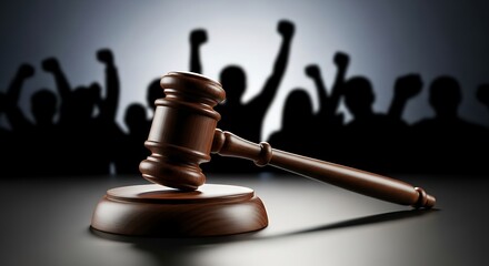 Gavel in foreground with silhouetted crowd raising fists in background