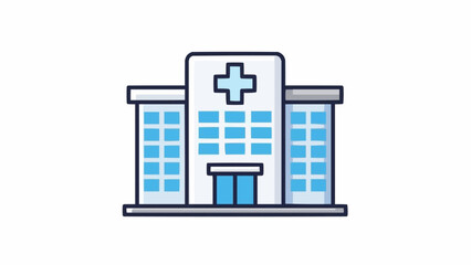 Modern hospital building illustration with a prominent medical cross symbol on a white background, representing healthcare services and medical facilities.
