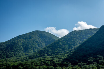 Fototapeta premium 夏の青空と濃い緑の山々、雄大な自然と光の風景