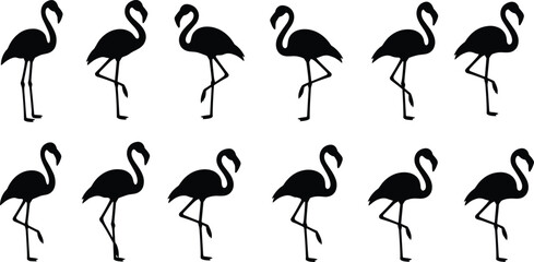Black Silhouette Flamingo Standing on One Leg, Tropical Bird Isolated on White Background, Repeating Pattern, Stylish Exotic Summer Vacation, Nature Wildlife Flat Vector Illustration