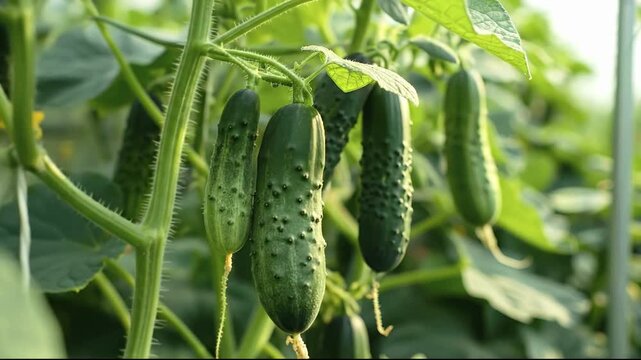A cluster of fresh green cucumbers with bumpy skin hanging from a sunlit vine in a greenhouse