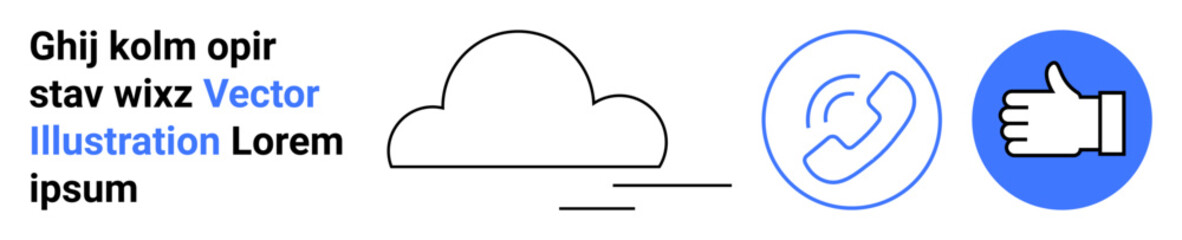 Cloud computing, communication tools, social networking, digital connections, online services, technology concepts. A cloud, phone icon, and thumbs up symbol in minimalist blue and black design