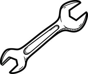 Hand-drawn simple wrench icon, doodle solid black on white, uneven jaws, quick tool sketch