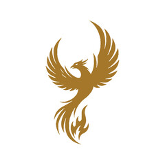 Naklejka premium Majestic golden phoenix bird rising from flames with outstretched wings and flowing tail feathers