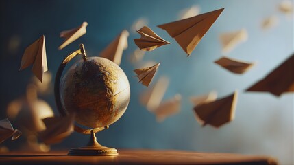 Vintage globe with paper airplanes flying around it in motion