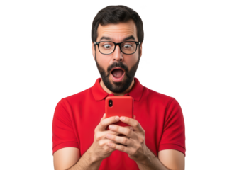 Man with glasses looking surprised at his phone isolated on transparent background