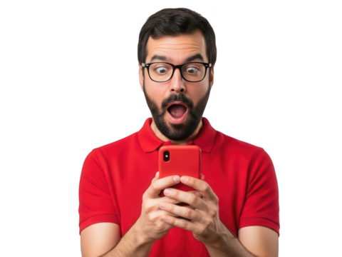 Man with glasses looking surprised at his phone isolated on transparent background - Powered by Adobe