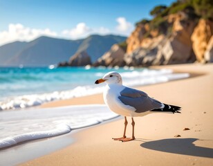 Seagull on a sandy beach at sunrise