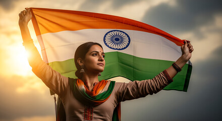 Happy Republic Day: Woman holding Indian flag with pride against sunset sky
