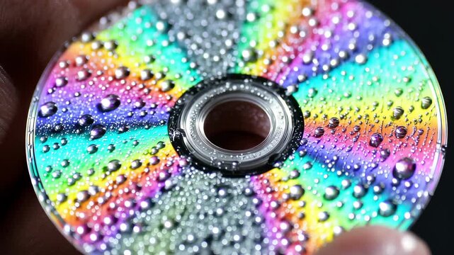 Captivating Macro Perspective of a Rain-Soaked CD-R Glimmering with Water Beads, Showcasing Iridescent Colors and Fine Details