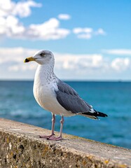 Obraz premium Seagull perched on a concrete wall overlooking a blue sea