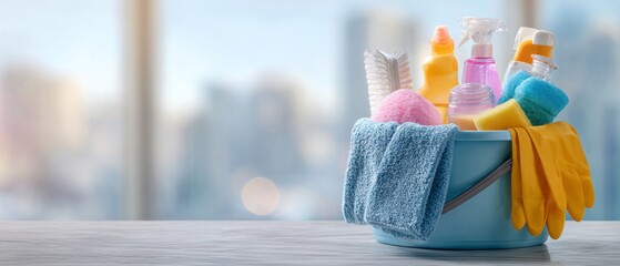 Cleaning supplies in blue bucket with gloves and household tools on table