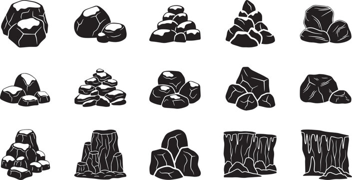 Set of pile of rocks stones mountain isolated on transparent background vector