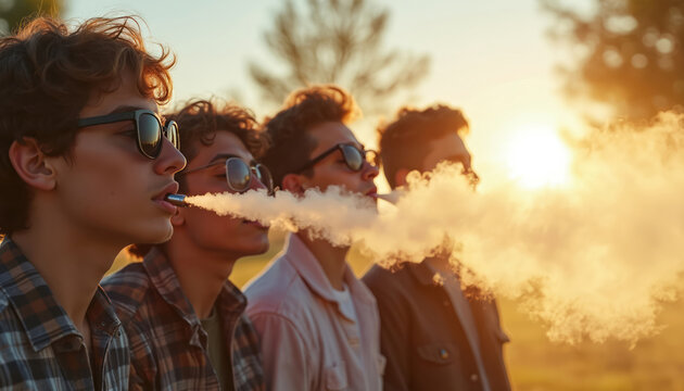 Group young people vape. Individuals wear sunglasses exhaling vapor outside at sunset. Vaping nicotine creates smoke clouds. E-cigarettes pose health risks for youth. Problem of addiction.