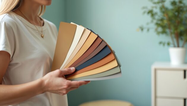 Woman holds fan of paint samples. Female decorator chooses color shade for interior home renovation project. Person selects samples from palette chart.
