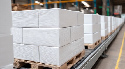 Large, white cardboard boxes are carefully arranged on wooden pallets and transported along a conveyor belt in a bustling warehouse during daylight hours