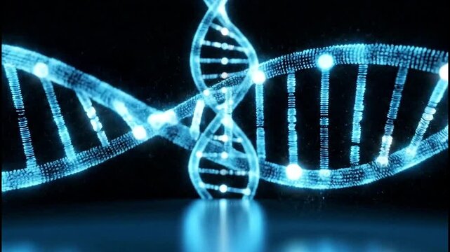 Abstract digital glowing blue dna double helix rotating on black background