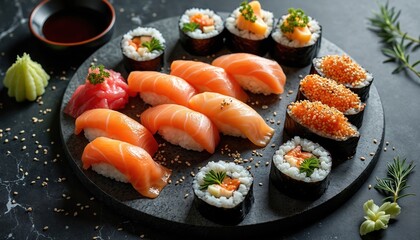 Sushi and rolls arrangement on dark stone. Food photography presents assorted sushi pieces. Japanese cuisine with fresh ingredients. Colorful seafood set for menu. Asian food for restaurant design.