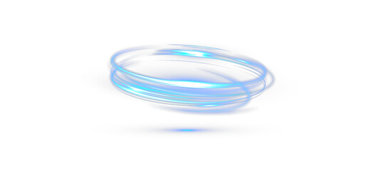 Fototapeta premium Bright blue neon swirl ring with glowing light trails and a soft reflection on a black background. A dynamic sci-fi energy loop perfect for effects, UI elements, motion graphics and futuristic designs