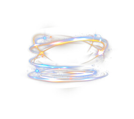 Bright swirling blue-gold energy ring with glowing particles and dynamic light trails, forming a magical circular vortex effect on black background. Ideal PNG element for effects, motion, and design.