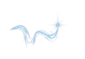 Bright blue magic trail with glowing sparkles and a radiant star tip, creating a dynamic flowing light effect on a black background. Perfect PNG element for fantasy, motion, or energy designs.
