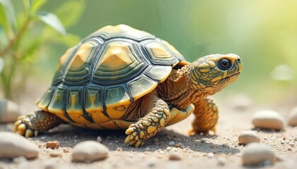 Obraz premium A close up photo of baby tortoise. It walks on a sandy surface near small stones. The reptile has beautiful patterned shell with yellow and green color scheme.