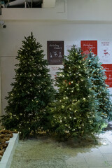 A festive Christmas tree display featuring sparkling ornaments, twinkling lights, and seasonal decorations. The tree is adorned with baubles, ribbons, garlands, and a bright star on top, creating a wa