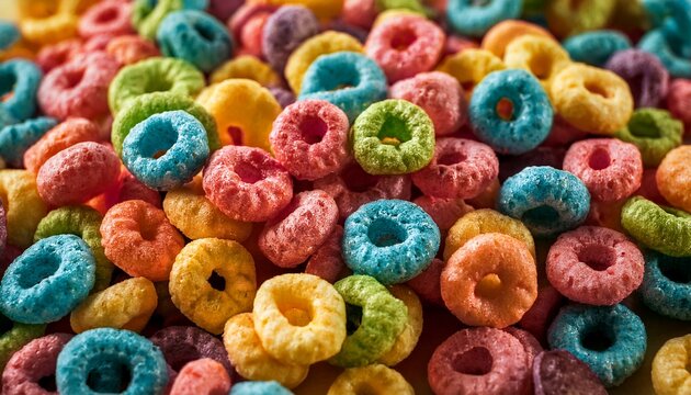 colorful frosted loop cereal background breakfast food still life closeup - Powered by Adobe
