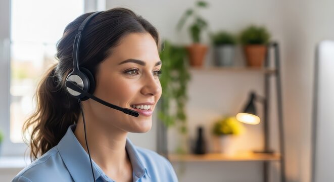 Pleasant woman wearing a communication headset works diligently in an office environment - Powered by Adobe