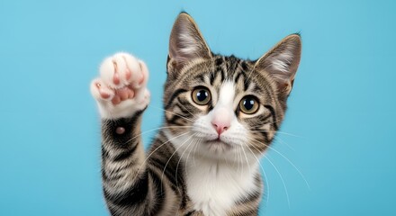 Fototapeta premium Cute tabby cat waving paw with an adorable expression on blue background