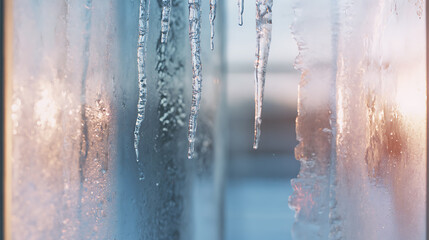 Icicles cling to a frosted window, sunlight reflecting off the ice crystals. Winter's touch transforms the ordinary into a stunning display. A reminder of nature's beauty.