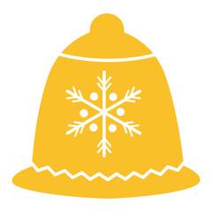 A golden bell with a white snowflake design and a zig zag pattern on the bottom edge of the bell