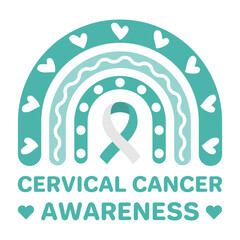 Cervical cancer awareness. Teal and white rainbow with ribbon and hearts. Design suitable for medical campaigns, women&rsquo;s health education, prevention materials and support. Vector illustration. 