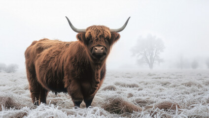 A shaggy Highland cow stands in a frosty winter field with snow-dusted fur and curved horns.