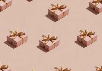 Elegant seamless pattern of pink gift boxes tied with golden ribbons on a pastel background. Ideal for Christmas and NewYear packaging, wrapping paper, social media banners, and festive templates