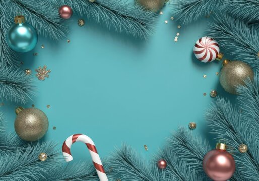Bright turquoise holiday frame with baubles, fir branches and candy canes creating space for text in the center. Ideal for Christmas greetings, web banners and New Year advertising templates.