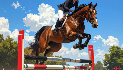 Skilled equestrian rider and a powerful bay horse in perfect harmony, soaring over a jump during a show jumping competition