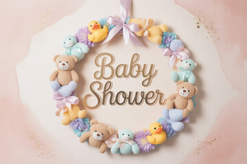 Delightful baby shower wreath adorned with teddy bears, rubber ducks, and soft pastel flowers, perfect for celebrating new beginnings and joyous anticipation with a touch of whimsical charm.