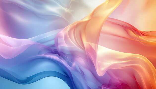 Abstract flowing fabric waves in soft pastel gradient hues of blue pink and orange with subtle sparkling lights creating a dreamy ethereal atmosphere