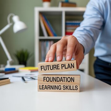 Businessman stacking wooden block with future plan, foundation, and learning skills