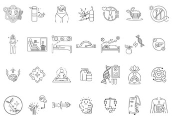 A collection of 28 icons about biohacking, including biohacking, hydrate, detox, drugs, longevity, organic food, fasting, cold exposure, sauna, sleep hygiene with thin lines and a white background.