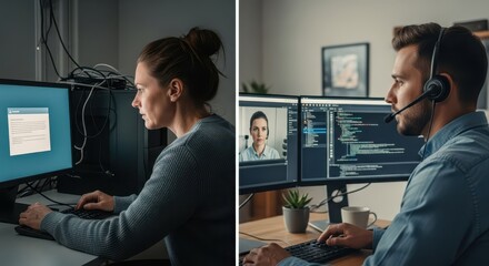 Colleagues collaborating remotely using computers and communication headsets for technical work