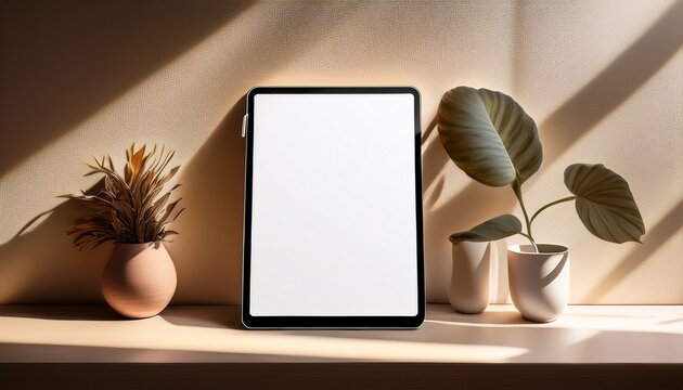 tablet mockup leaning against a wall with sunlight shadow