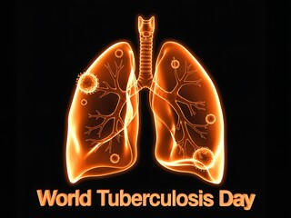 Glowing orange 3d illustration of human lungs with tuberculosis bacteria for world day