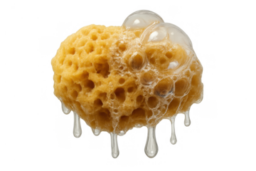 Natural sea sponge cleaning tool dripping water and soap suds, creating bubbles for hygiene and bath on transparent background