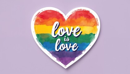 Heart-shaped Pride flag sticker features watercolor texture. Colorful design has rainbow hues with phrase Love Is Love. Symbol promotes LGBTQ rights celebrates equality and acceptance.