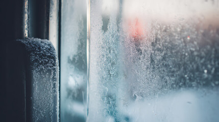 A close up shot of a frosted window and a metal frame covered in ice crystals creates an abstract, wintery scene. The image is a study in texture, light and cold, a striking seasonal vista.