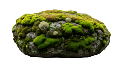 a rock with moss growing on it cutout, isolated on white or transparent background. PNG