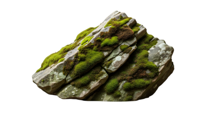 a rock with moss growing on it cutout, isolated on white or transparent background. PNG