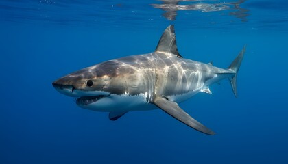Fototapeta premium Great white shark swimming in deep blue ocean waters